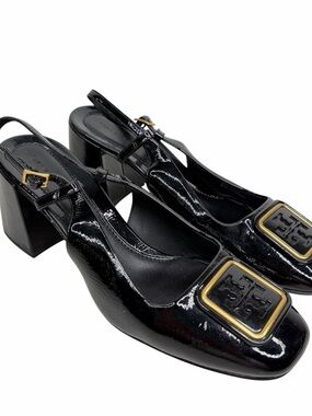 Tory Burch Black Patent Leather Georgia Slingback Block Heels Shoes Size 9.5